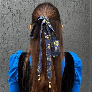 Стрічка для волосся у китайському стилі "Золоті квіти" Синя
